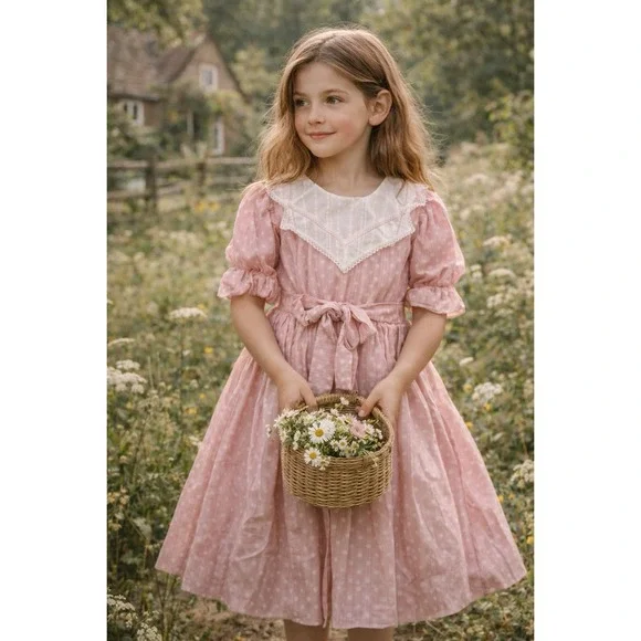 Vtg Kim Originals Dress Girls Prairie 12 Polka Dot Lace Collar Farmcore Cottagec - Picture 1 of 14